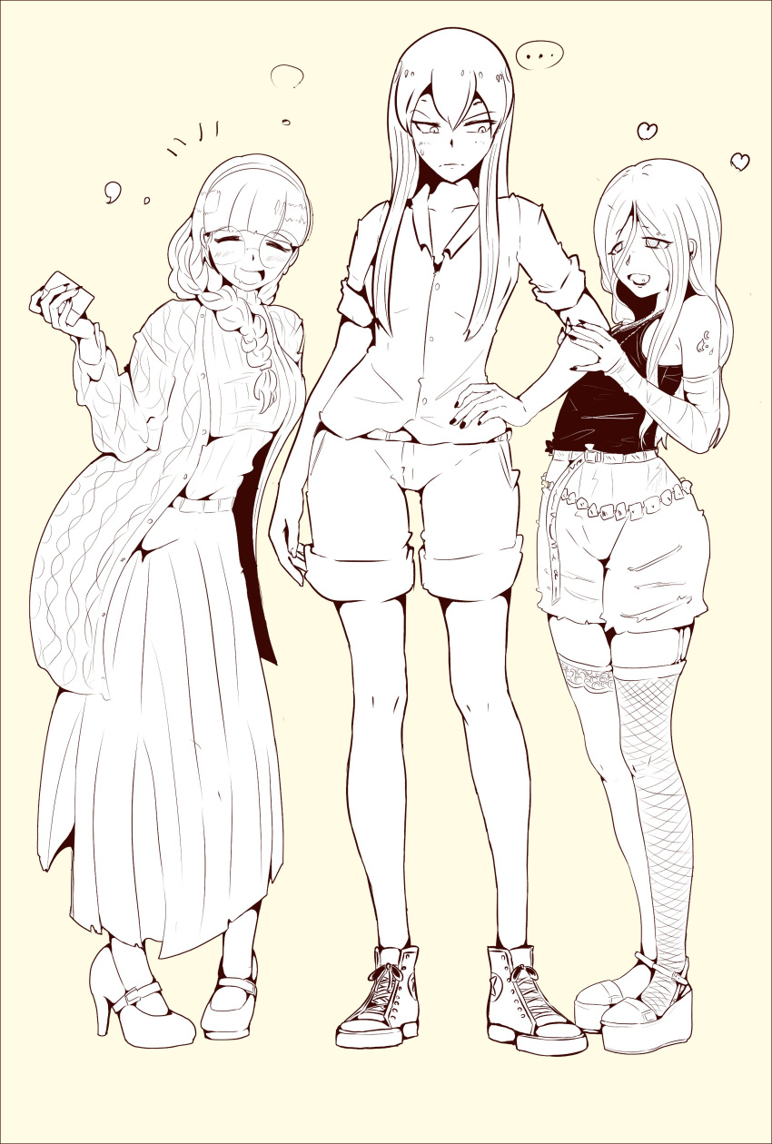 ..., 3girls, absurdres, bandages, belt, blush, braid, drooling