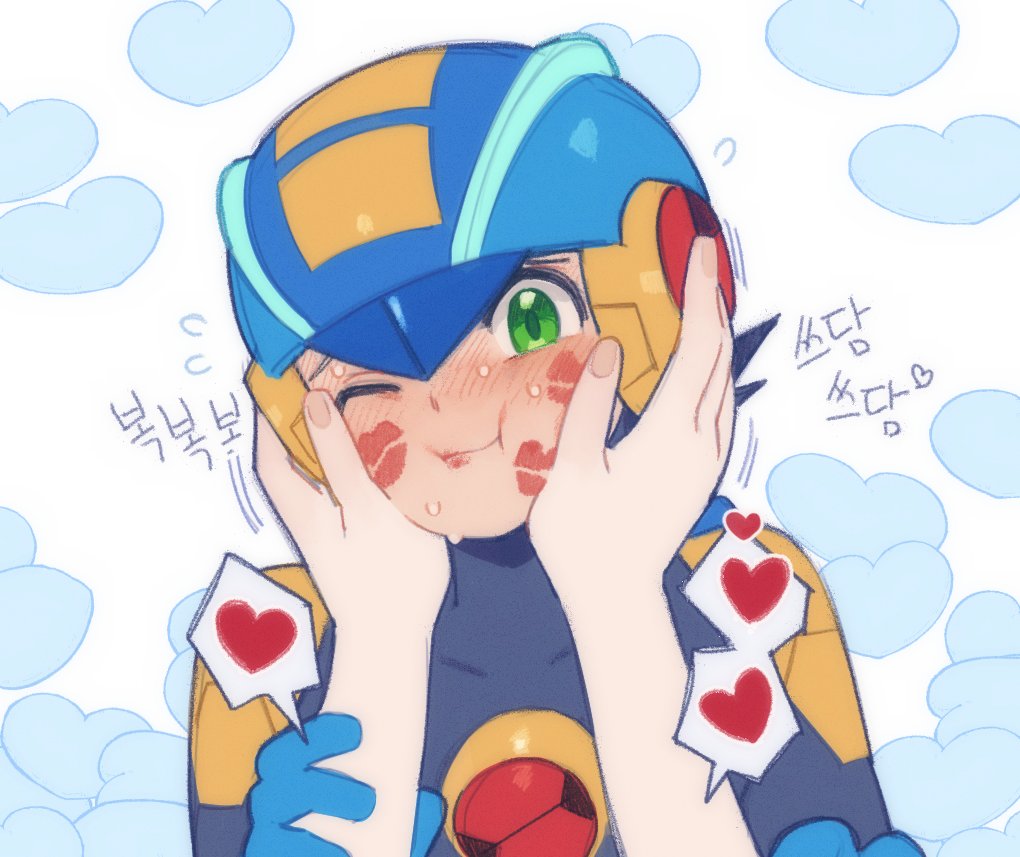 1boy, 1other, blue_helmet, blush, face_grab, green_eyes, heart, helmet