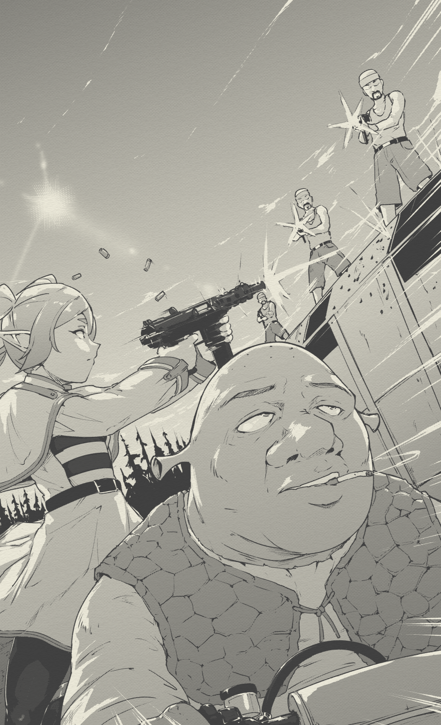 1girl, 4boys, bald, beard, belt, bullet_hole, capelet, casing_ejection