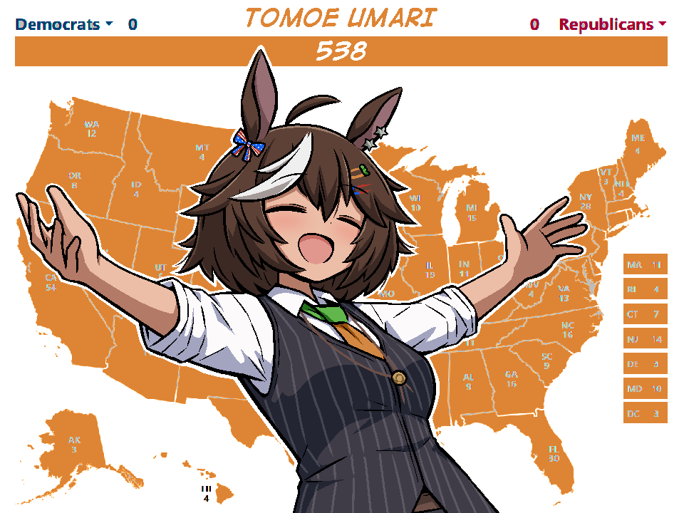 1girl, 2024_us_election, ahoge, american_flag, american_flag_print, animal_ears, black_vest, bow, brown_hair, closed_eyes, earrings, flag_print, green_necktie, hair_bow, hair_ornament, hairpin, horse_ears, horse_girl, indie_virtual_youtuber, ink_(inksgirls), jewelry, necktie, open_mouth, orange_necktie, outstretched_arms, pinstripe_pattern, pinstripe_vest, shirt, solo, tomoe_umari, tomoe_umari_(presidential), two-tone_necktie, united_states, vest, virtual_youtuber, white_hair, white_shirt