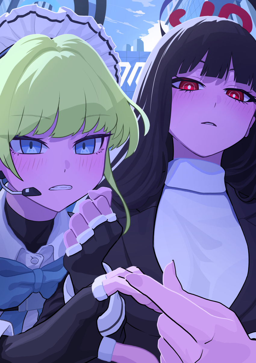 2girls, absurdres, black_gloves, black_hair, blazer, blonde_hair, blue_archive, blue_eyes