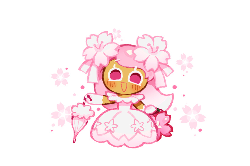 1girl, :d, bag, blush, cherry_blossom_cookie, cherry_blossom_cookie_(spring_bliss), closed_umbrella, cookie_run
