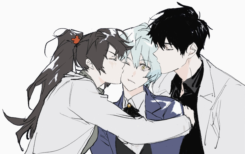 1boy, 2girls, angela_(project_moon), ayin_(project_moon), bad_id, bad_twitter_id, black_hair, black_shirt