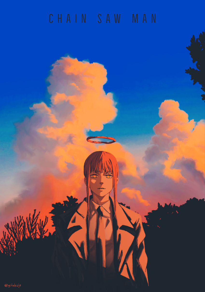 1girl, black_coat, black_necktie, blood, blood_halo, blue_sky, chainsaw_man, clouds, coat, collared_shirt, cumulonimbus_cloud, evening, gitokuja, halo, highres, liquid_halo, long_hair, makima_(chainsaw_man), necktie, orange_eyes, outdoors, red_eyes, shirt, sidelocks, sky, solo, white_shirt