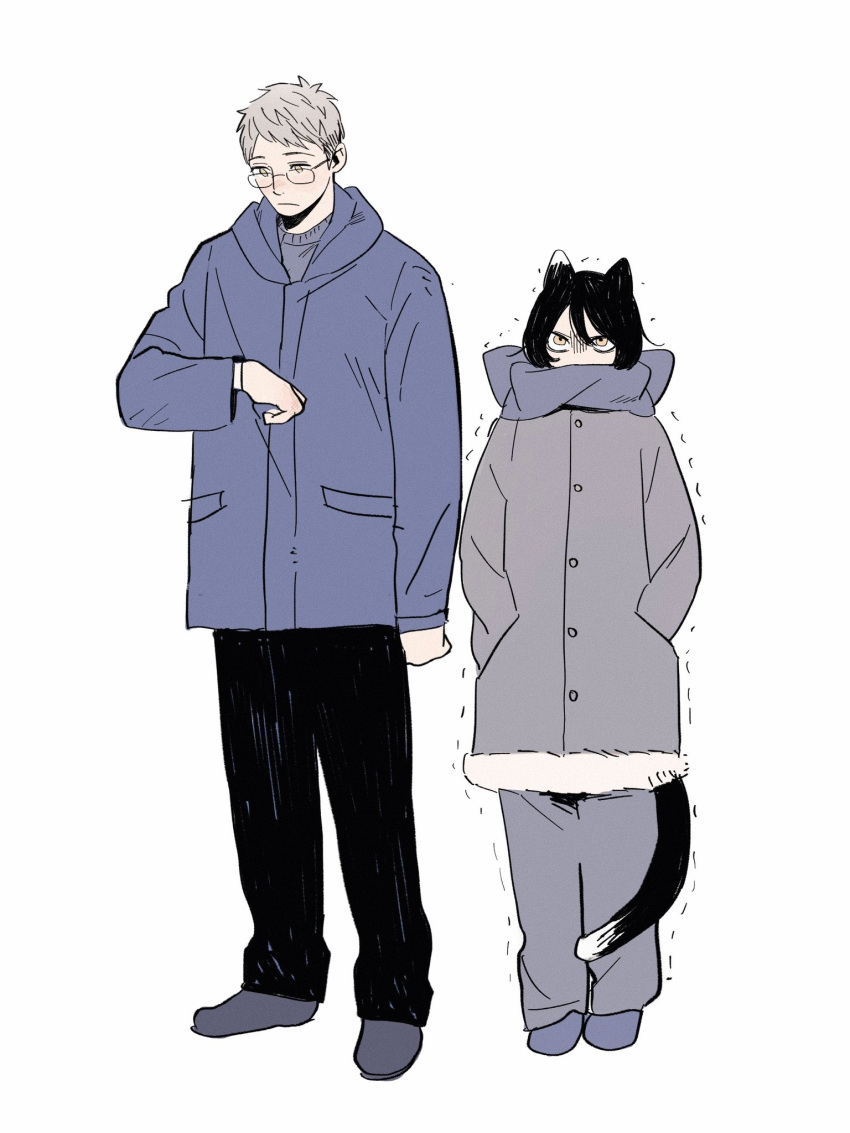 1boy, 1girl, animal_ears, black_hair, black_pants, blonde_hair, blue_coat, blue_footwear, cat_ears, cat_girl, cat_tail, coat, dungeon_meshi, frs2, glasses, grey_coat, grey_footwear, grey_sweater, hair_between_eyes, highres, izutsumi, laios_touden, multicolored_hair, pants, scarf, short_hair, simple_background, sweater, tail, trembling, two-tone_hair, white_background, yellow_eyes