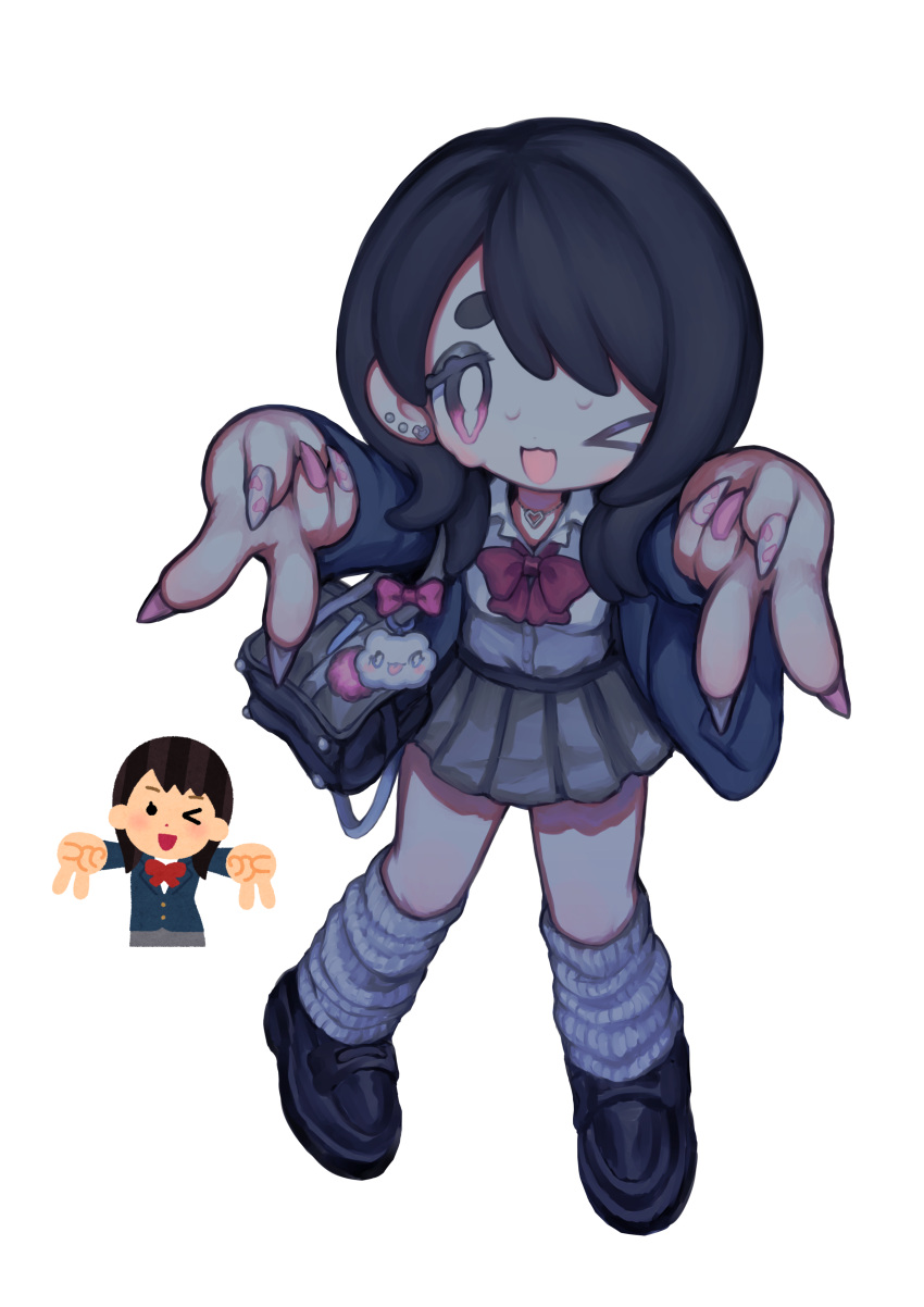 >_o, 1girl, :3, absurdres, bag, black_bag, black_footwear, black_hair