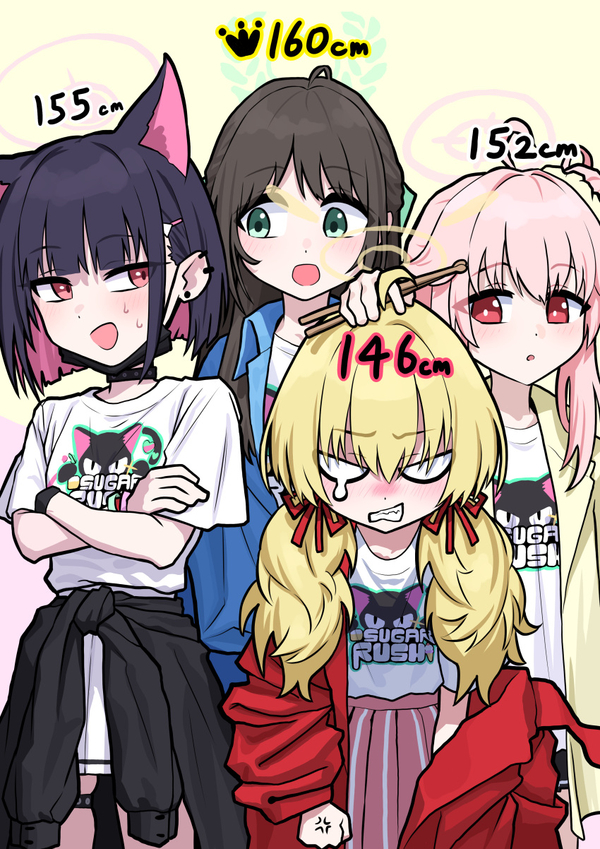 4girls, :d, absurdres, airi_(band)_(blue_archive), airi_(blue_archive), anger_vein, animal_ears, aqua_eyes