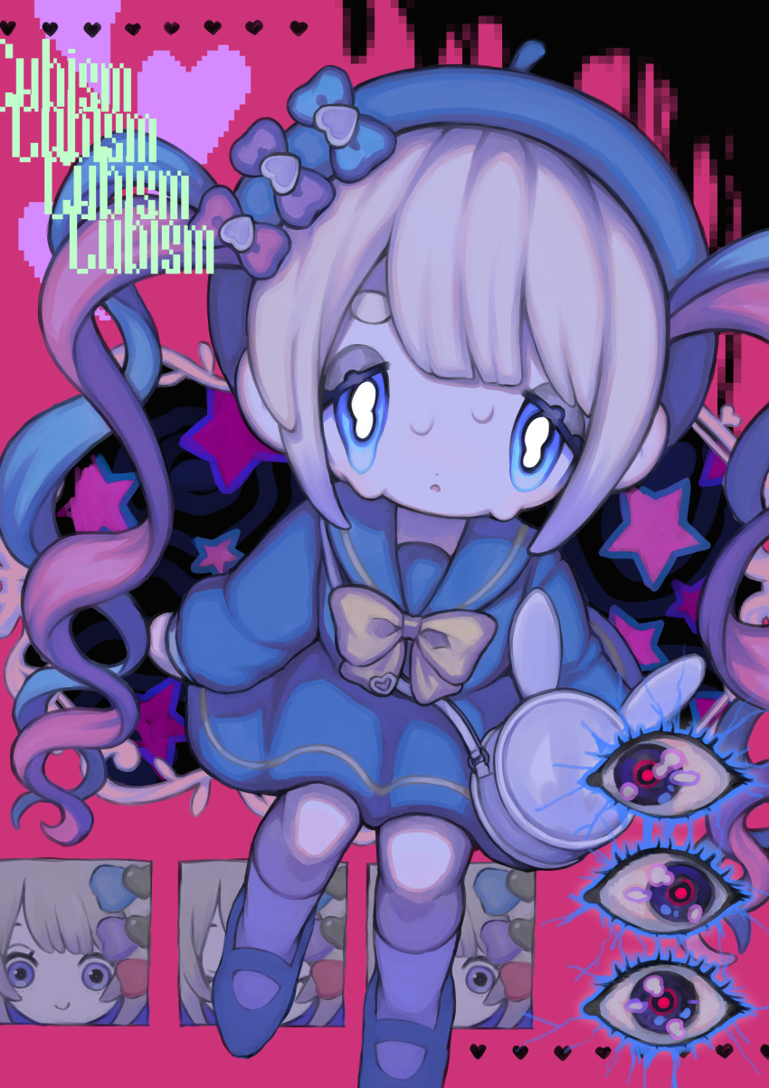 1girl, absurdres, animal_bag, bag, blonde_hair, blue_bow, blue_eyes, blue_footwear