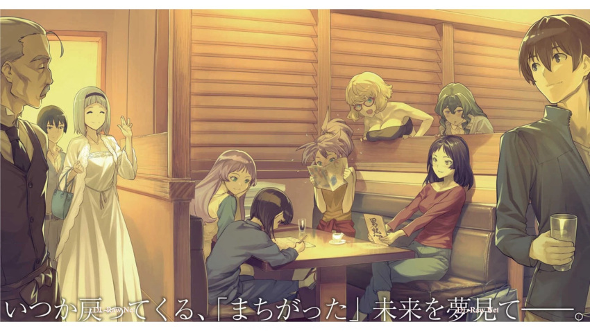2boys, 6+girls, anna_nishikinomiya, annie_brown, black_hair, black_tube_top, blonde_hair, blue_eyes