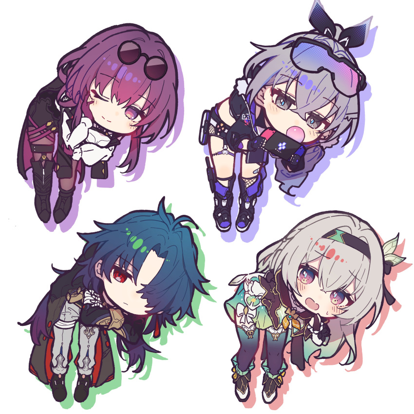 1boy, 3girls, absurdres, aitekku, black_hairband, black_jacket, blade_(honkai:_star_rail), blowing_bubbles