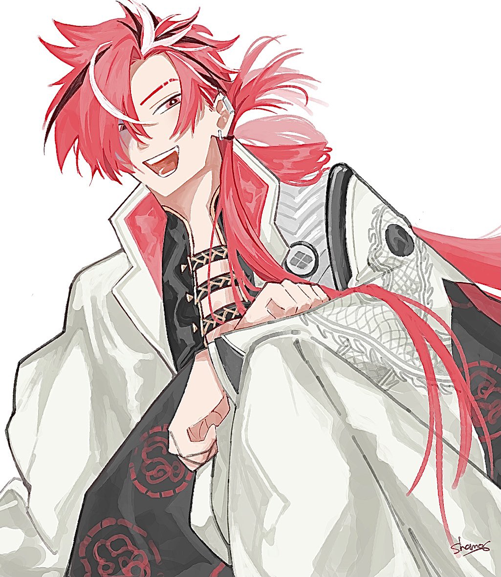 1boy, arm_on_knee, black_hair, earrings, fate/grand_order, fate_(series), jacket, japanese_clothes