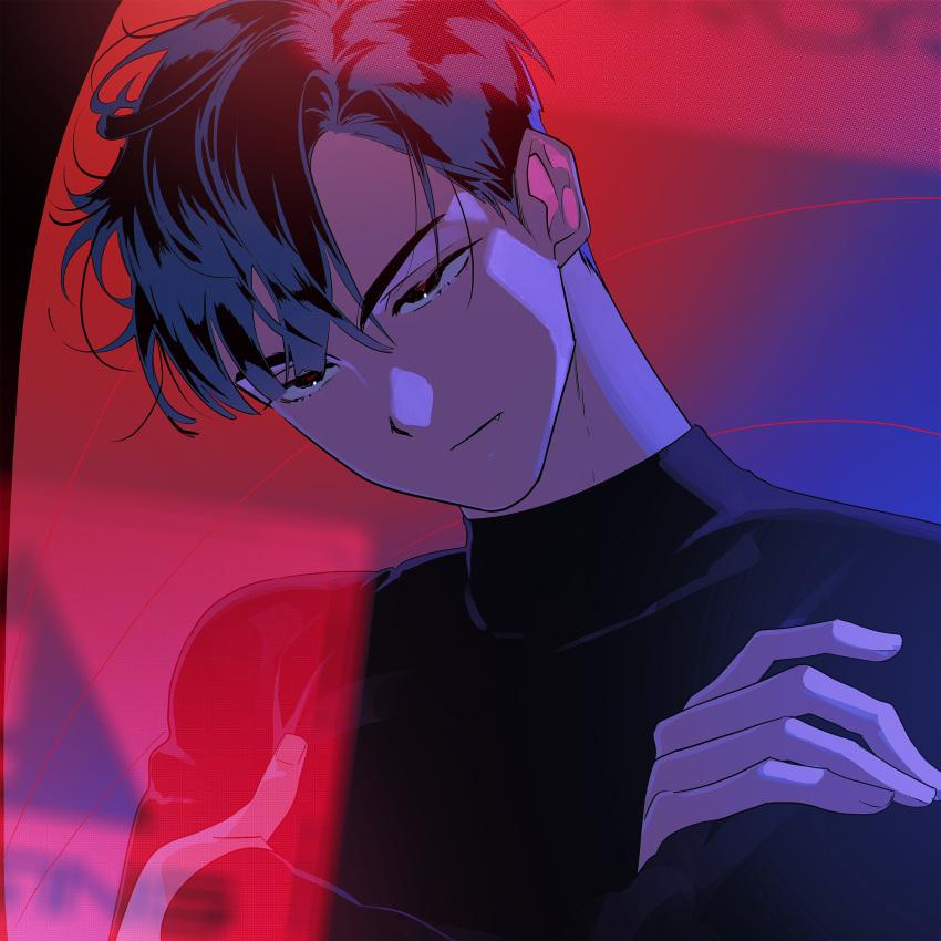 1boy, absurdres, alien_stage, black_eyes, black_hair, black_shirt, closed_mouth, commentary