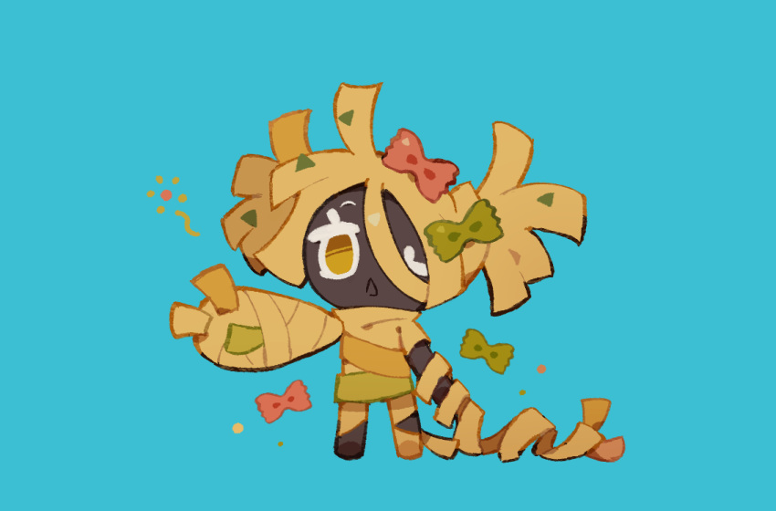 1girl, bandages, blonde_hair, blue_background, blunt_ends, chestnut_mouth, cookie_run, cookie_run:_kingdom, dark_skin, fettuccine_cookie, food-themed_hair, food-themed_hair_ornament, full_body, hair_between_eyes, hair_ornament, mummy, no_pupils, one_eye_closed, revi_616, short_hair, simple_background, solo, twintails, very_dark_skin, yellow_eyes