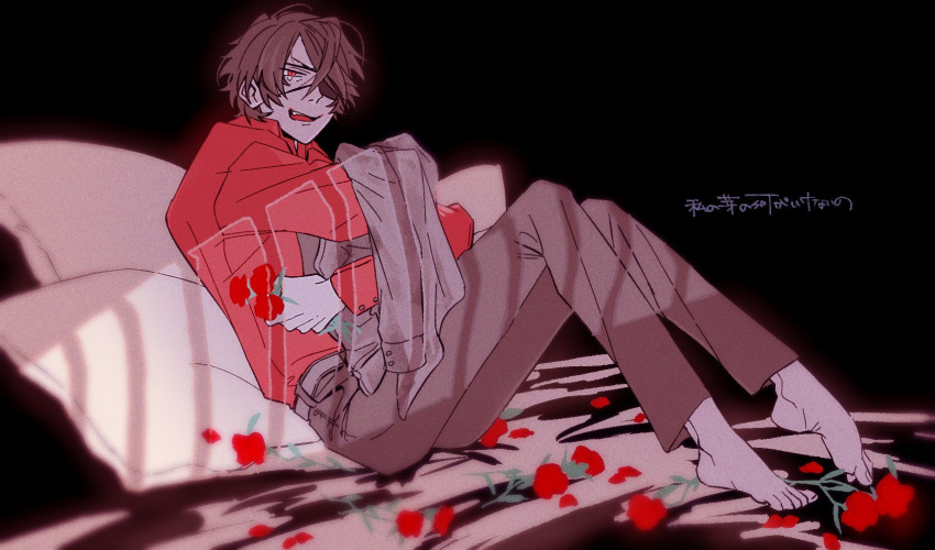 1boy, barefoot, belt, black_background, black_coat, black_hair, black_necktie, black_pants