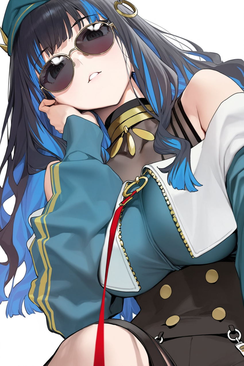 1girl, ai-generated, beret, blue-tinted_eyewear, buttons, colored_inner_hair, double-breasted, eyeliner, fate/grand_order, fate_(series), green_hat, green_jacket, grey_eyes, hat, highres, jacket, jewelry, kohaku_99999, looking_at_viewer, looking_over_eyewear, makeup, multicolored_hair, neck_ring, o-ring, purple-tinted_eyewear, round_eyewear, solo, sunglasses, tenochtitlan_(fate), tenochtitlan_(second_ascension)_(fate), tinted_eyewear, wavy_hair, white_background, zipper