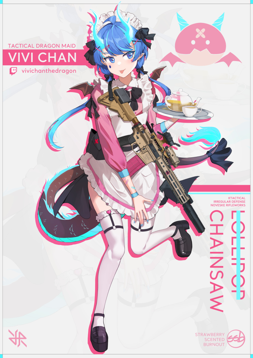 1girl, apron, ar-15, blue_eyes, blue_hair, dragon_girl, dress, english_text