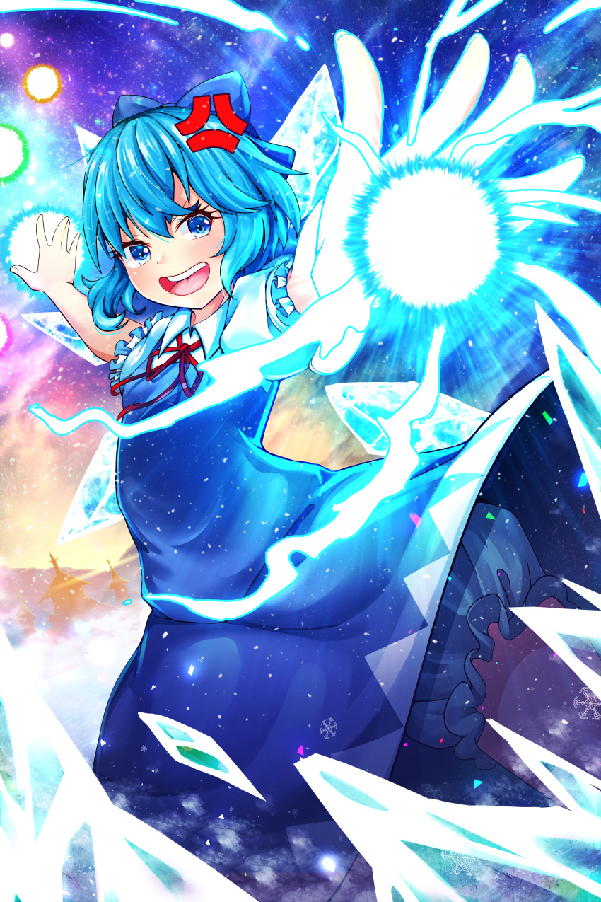 1girl, absurdres, anger_vein, bloomers, blue_bow, blue_dress, blue_eyes, blue_hair