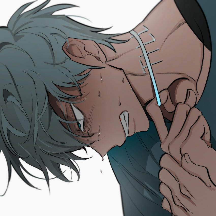 1boy, alien_stage, choker, clenched_teeth, commentary, green_eyes, green_shirt, grey_hair
