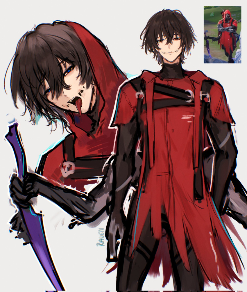 1boy, artist_name, black_eyes, brown_hair, extra_arms, fractsidus_executioner_(wuthering_waves), glowing, glowing_eyes, hand_in_pocket, highres, holding, holding_weapon, hood, hooded_jacket, jacket, jhenny345, mask, red_jacket, short_hair, standing, unworn_mask, weapon, wuthering_waves