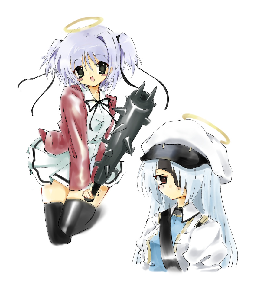 2000s_(style), 2girls, absurdres, angel, blue_hair, blush, blush_stickers, bokusatsu_tenshi_dokuro-chan