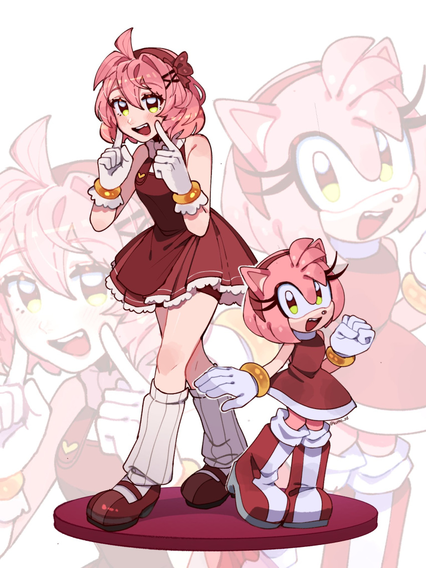 2girls, :d, amy_rose, animal_ears, animal_nose, bare_shoulders, boots, bow