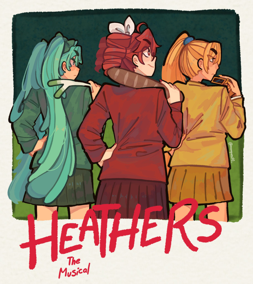 3girls, akita_neru, aqua_eyes, aqua_hair, baguette, blonde_hair, bread, cellphone