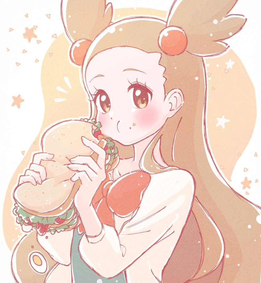 1girl, blush, bow, bread, bread_slice, brown_hair, eating, egg_(food)