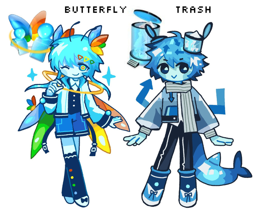 2others, :>, arrow_(symbol), black_footwear, black_pants, black_vest, blue_hair, blue_jacket