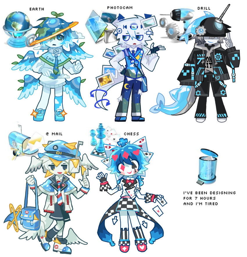 5others, absurdres, baseball_cap, black_hat, black_jacket, blue_bag, blue_hat, blue_wings, board_game, cabbie_hat, chess, chess_piece, closed_mouth, cursor, diamond-shaped_pupils, diamond_(shape), frutiger_aero, hand_up, hat, head_wings, highres, jacket, kalawakan, king_(chess), looking_at_viewer, low_wings, multiple_others, open_mouth, original, pawn_(chess), photo_(object), playing_card_hair_ornament, simple_background, skirt, smile, spade-shaped_pupils, symbol-shaped_pupils, trash_can, white_background, white_hair, white_jacket, white_skirt, white_wings, wings, x