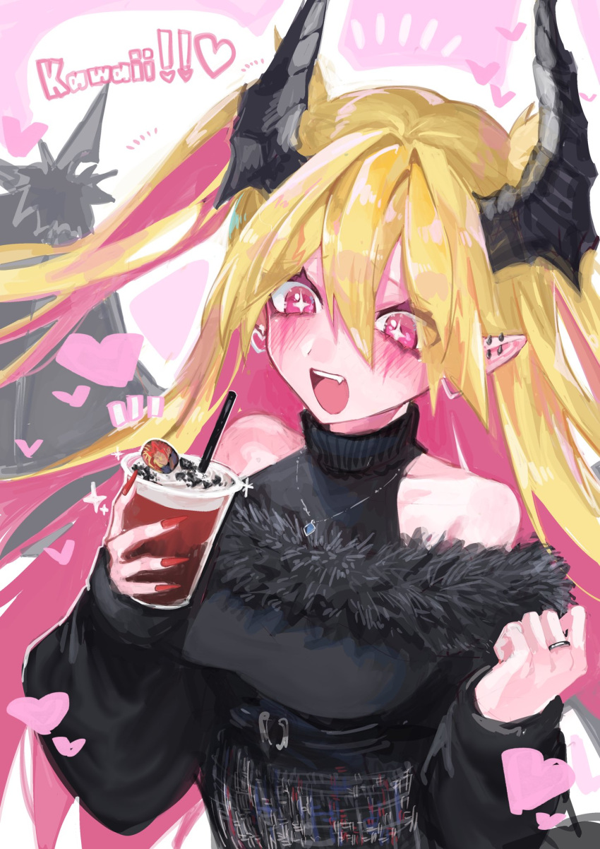 1girl, alternate_costume, bare_shoulders, black_shirt, blonde_hair, breasts, cross-shaped_pupils, cup