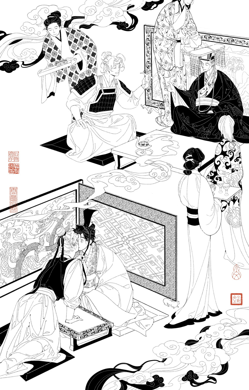 3boys, 5girls, absurdres, armor, chinese_armor, chinese_clothes, chinese_text, glass