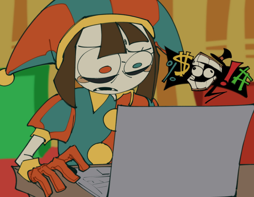 anti_square, bar_censor, blush_stickers, censored, circus, computer, disgust, hat, hat_bell, highres, indoors, jester, jester_cap, jester_costume, laptop, multicolored_hat, pomni_(the_amazing_digital_circus), striped_clothes, striped_headwear, surprised, tagme, the_amazing_digital_circus, two-tone_eyes, vertical-striped_bodysuit, vertical-striped_clothes, vertical-striped_headwear