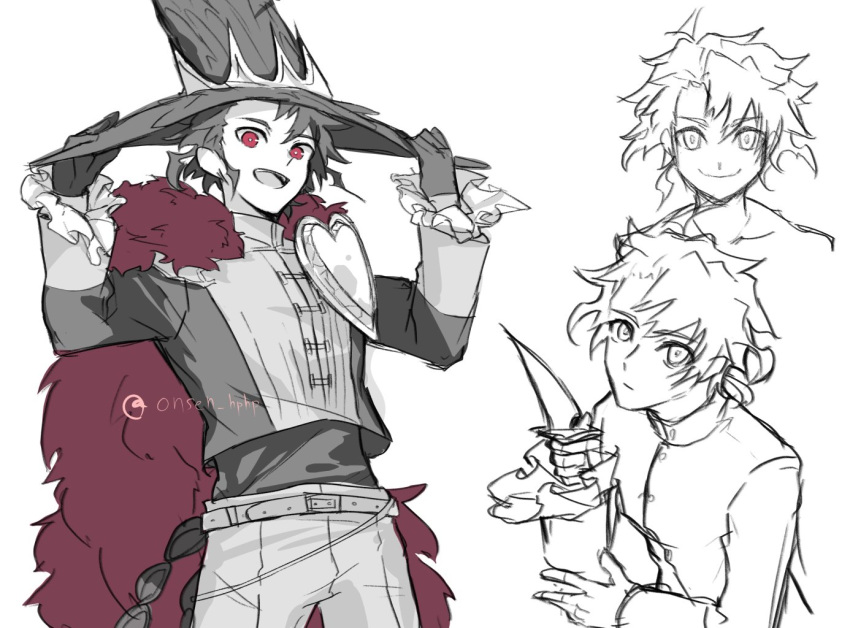 1boy, :d, aiming, aiming_at_viewer, belt, cape, frilled_sleeves, frills