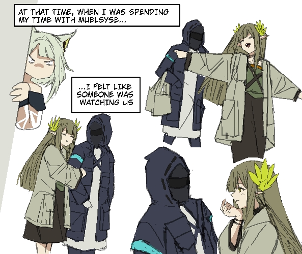 1other, 2girls, ambiguous_gender, animal_ears, annoyed, arknights, arm_hug, bag, bare_shoulders, cat_ears, closed_eyes, coat, cropped_legs, doctor_(arknights), elf, english_commentary, green_hair, grey_coat, holding, holding_bag, hood, hood_up, hooded_coat, kal'tsit_(arknights), lab_coat, laurel_crown, laurels, long_sleeves, looking_at_another, muelsyse_(arknights), multiple_girls, no_mouth, open_clothes, open_coat, open_mouth, pointy_ears, smile, stalking, teeth, upper_teeth_only, yazu_(zoddiacz)