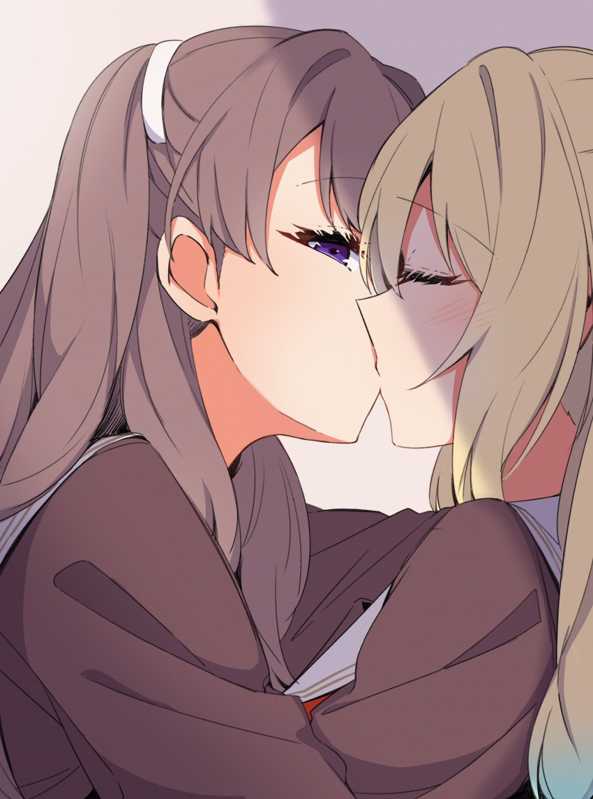 2girls, amano_mitara, blonde_hair, blue_hair, brown_dress, brown_hair, closed_eyes, dress
