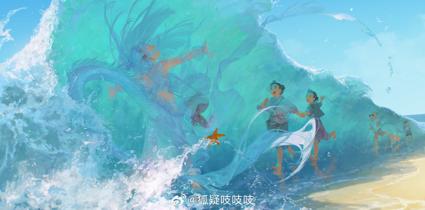 2girls, 4boys, armlet, bag, bare_shoulders, barefoot, beach, beads
