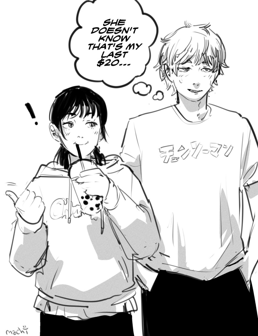 !, 1boy, 1girl, bubble_tea, chainsaw_man, cup, denji_(chainsaw_man), disposable_cup, drinking, drinking_straw, english_text, greyscale, highres, hood, hoodie, low_twintails, machipachi1901, mitaka_asa, monochrome, pants, shirt, short_hair, thought_bubble, thumbs_up, twintails
