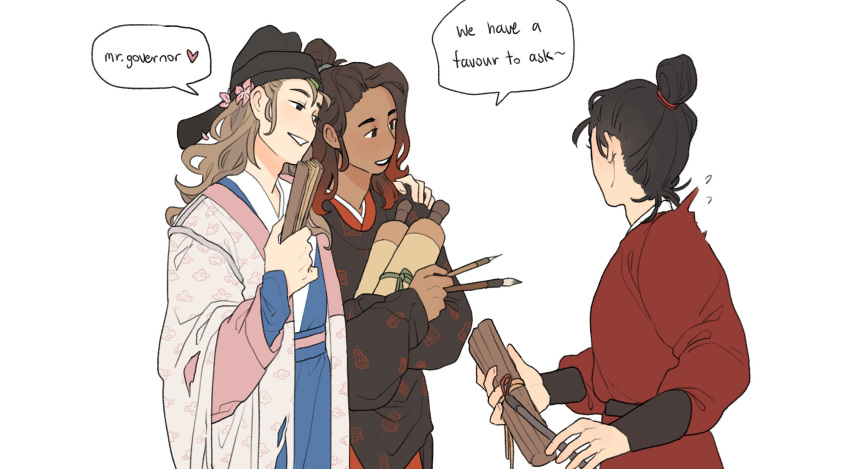 1boy, 2girls, black_hanfu, blue_hanfu, brown_hair, character_request, chinese_clothes, dark-skinned_female, dark_skin, english_commentary, english_text, folding_fan, futou, gradient_hair, hand_fan, hanfu, highres, jiangnan_baijingtu, multicolored_hair, multiple_girls, red_hanfu, redhead, sash, scroll, speech_bubble, torn_clothes, wenwen_(ww4zd), yuanlingpao, yuri, zhijupao