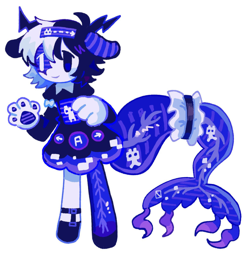 1girl, animal_hands, black_hair, blue_eyes, bow, closed_mouth, fins, fish_tail