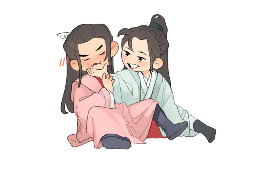 2boys, blood, blush, brown_hair, character_request, chibi, chinese_clothes, grey_hanfu