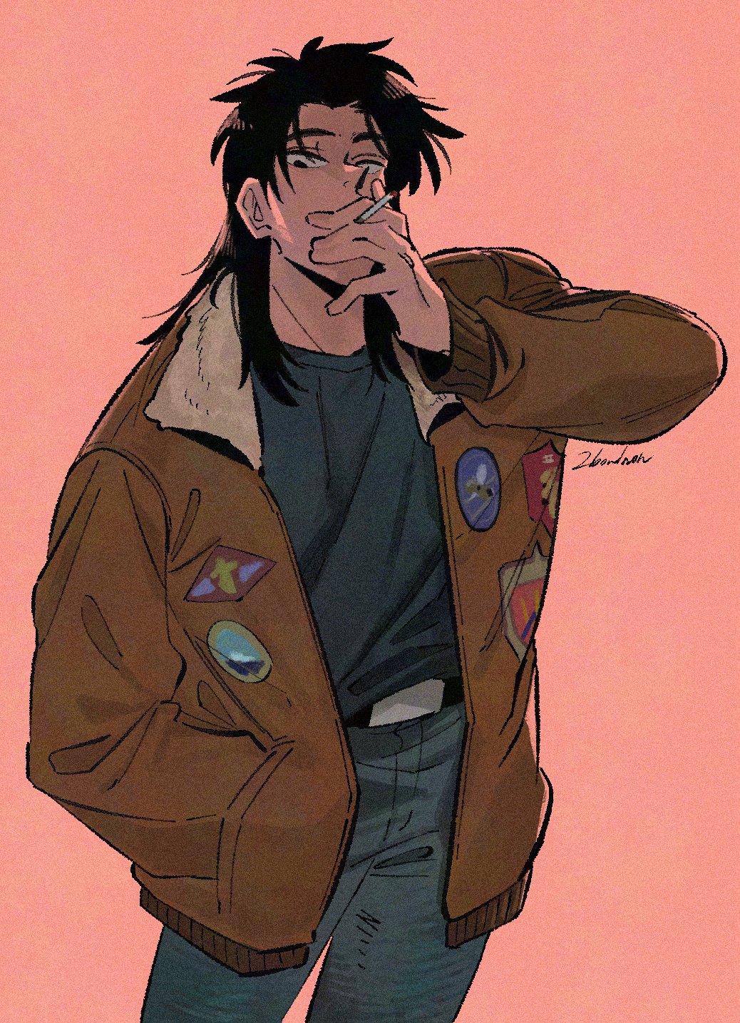 1boy, black_hair, blue_pants, blue_shirt, bomber_jacket, brown_jacket, cigarette, highres