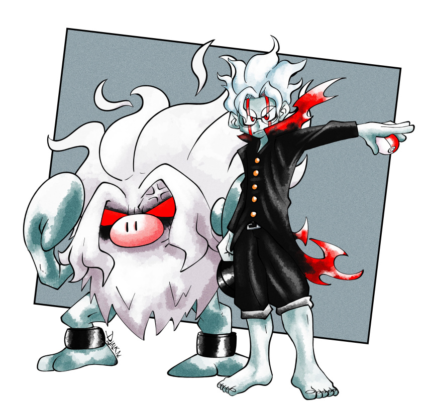 1boy, absurdres, alternate_form, anger_vein, annihilape, barefoot, black_jacket, black_pants