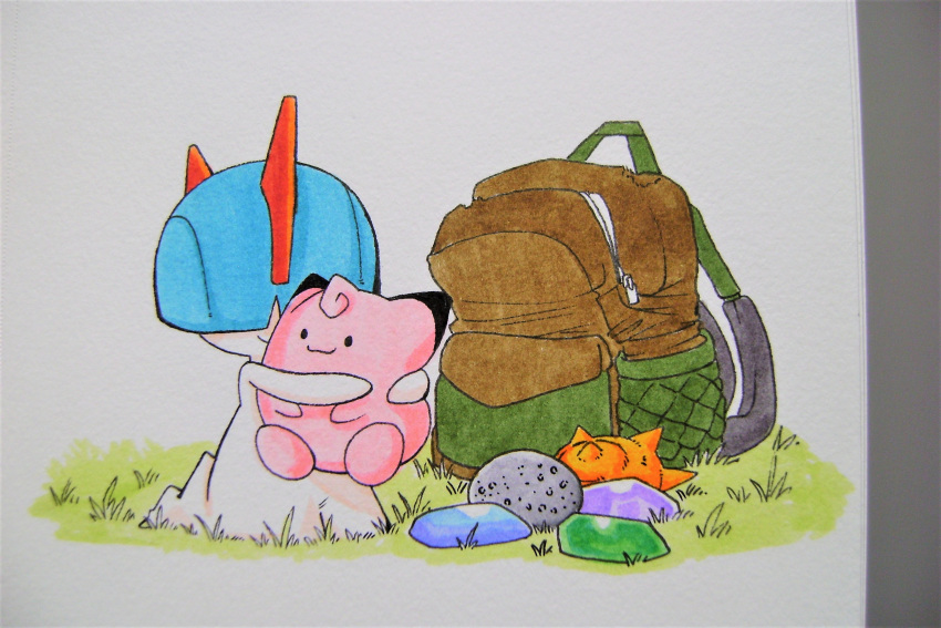 alternate_color, backpack, bag, bowl_cut, clefairy, colored_skin, grass, hair_over_eyes, highres, horns, hugging_doll, hugging_object, on_grass, pokemon, pokemon_(creature), ralts, shiny_pokemon, simple_background, smile, stuffed_toy, sun_stone, superiordutchsauce, white_background, white_skin