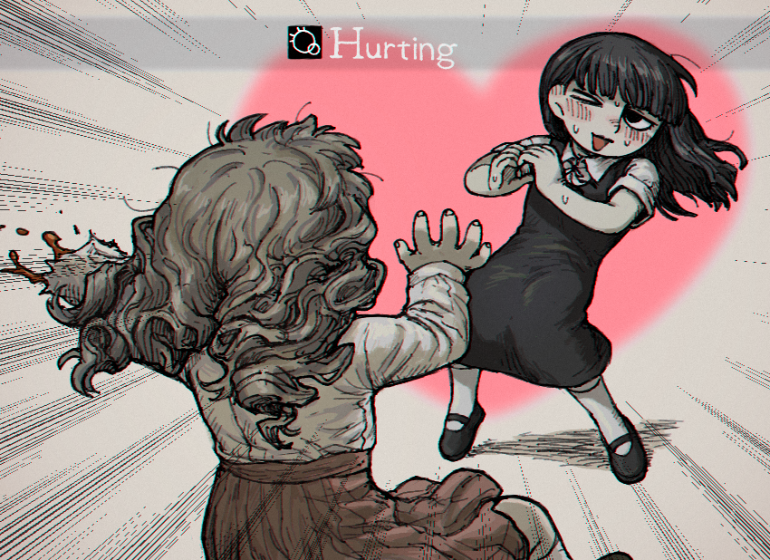 2girls, amputee, black_dress, black_eyes, black_footwear, black_hair, brown_hair, collared_shirt, curly_hair, dress, fear_&amp;_hunger_(series), fear_&amp;_hunger_2:_termina, gameplay_mechanics, heart, heart_hands, long_hair, marina_(fear_&amp;_hunger), multiple_girls, one_eye_closed, pink_skirt, samarie_(fear_&amp;_hunger), shirt, skirt, slippers, sm2_hokke, socks, sweatdrop, white_shirt, yuri