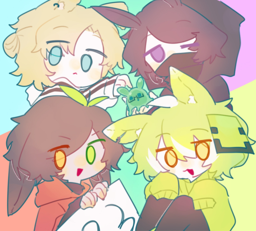 4boys, ahoge, animal_ears, black_hair, black_hoodie, blonde_hair, blue_eyes, brown_hair