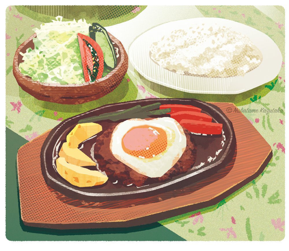 border, bowl, cutting_board, egg, english_commentary, food, food_focus, hamburger_steak