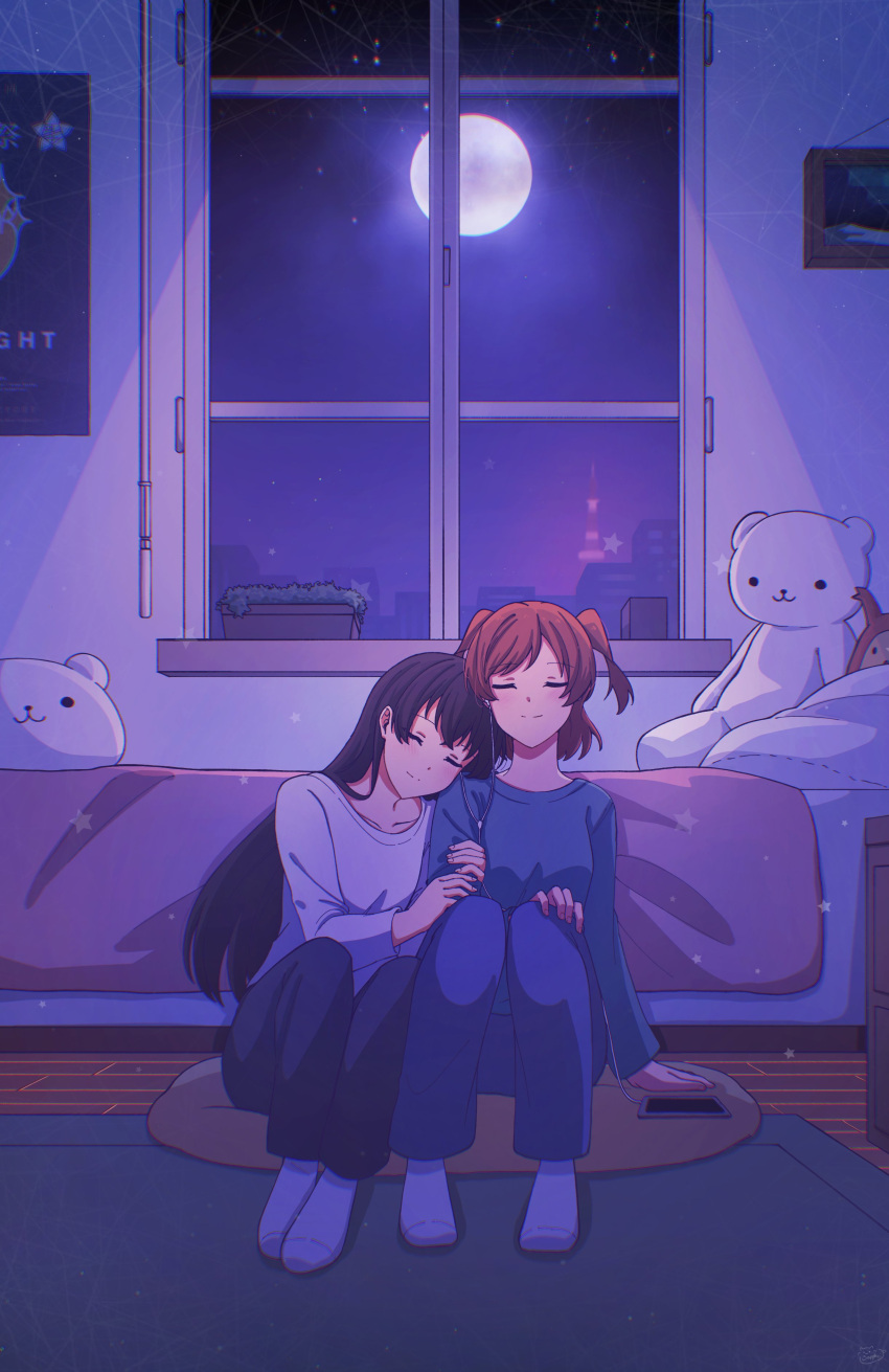 2girls, absurdres, aijou_karen, arm_hug, bed, bedroom, black_pants, blue_pants
