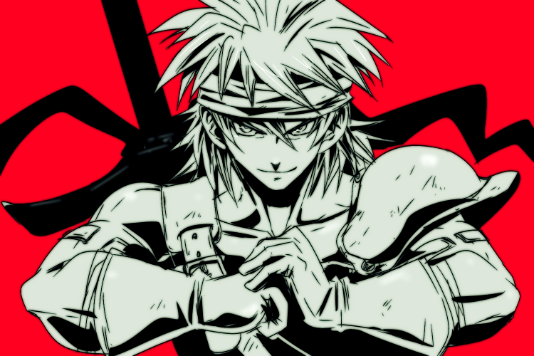 1boy, alvin_(dq10), armlet, armor, bandana, commentary_request, dragon_quest, dragon_quest_x, fist_in_hand, gloves, greyscale_with_colored_background, jewelry, looking_at_viewer, male_focus, medium_hair, muscular, muscular_male, ozogori_(user_tzaz2447), pauldrons, red_background, shoulder_armor, single_pauldron, smirk, solo, spiky_hair, sword, sword_on_back, upper_body, weapon, weapon_on_back