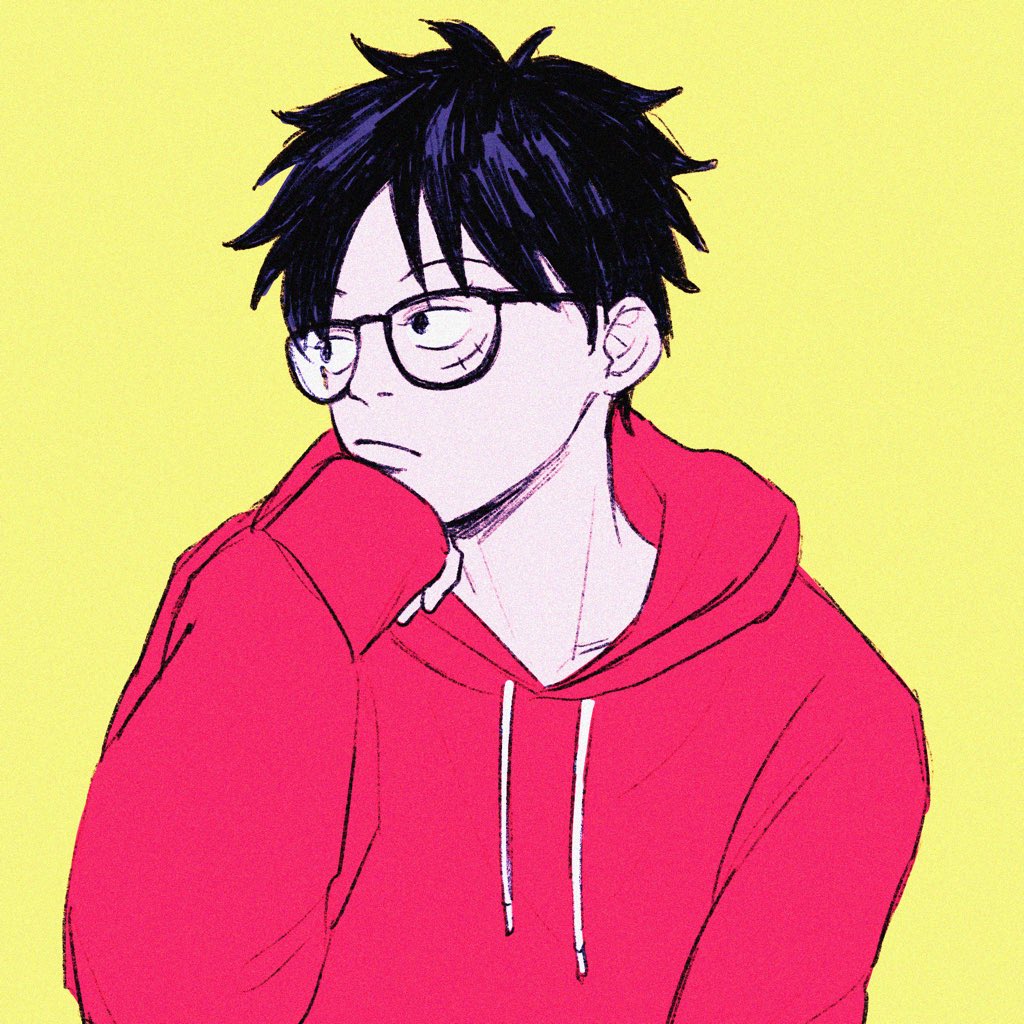 1boy, :/, arm_up, black-framed_eyewear, black_hair, closed_mouth, commentary, glasses