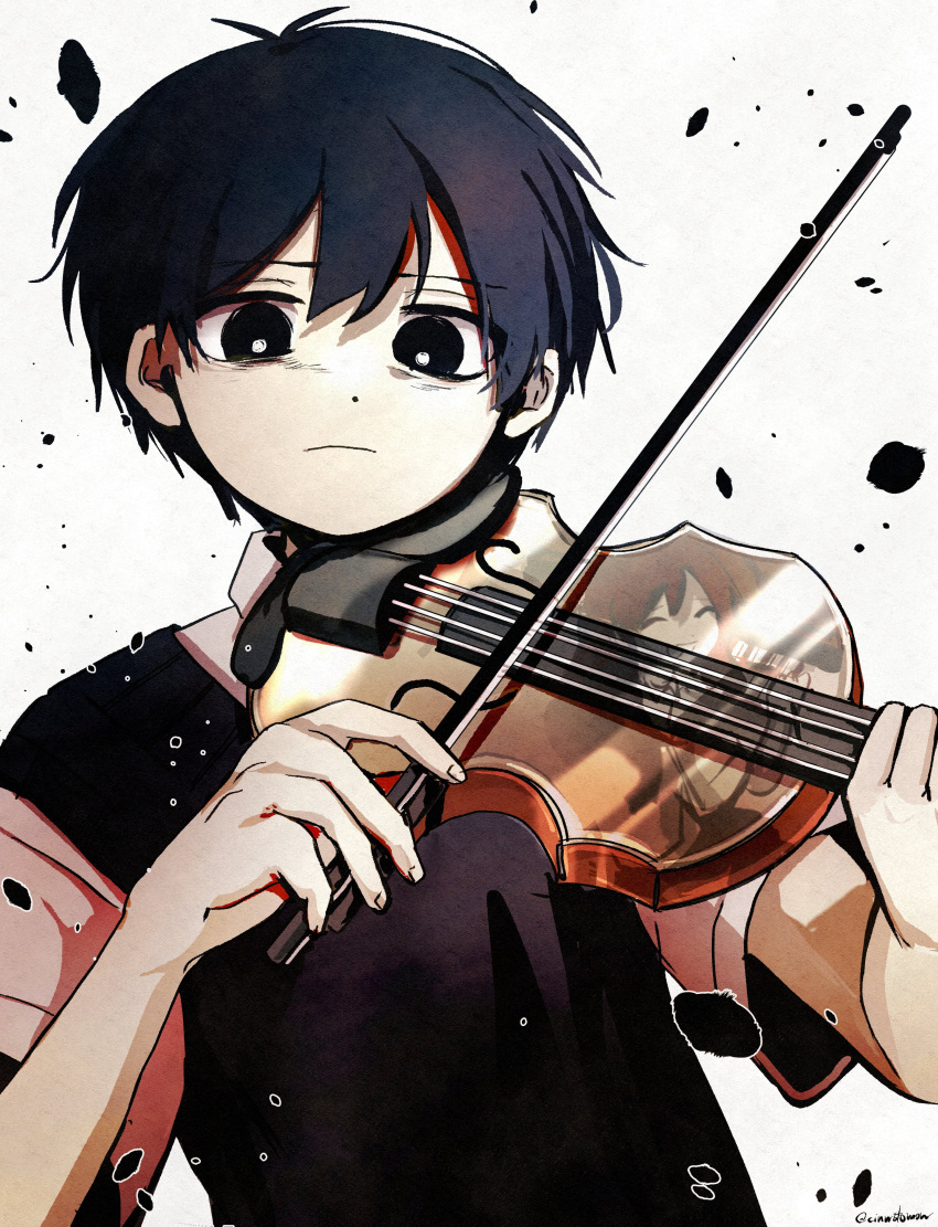 1boy, 1girl, absurdres, artist_name, black_eyes, black_hair, bow_(music), bright_pupils